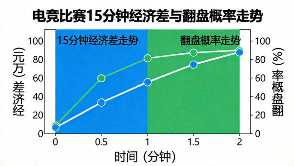 电竞比赛十五分钟经济差与翻盘概率走势曲线图