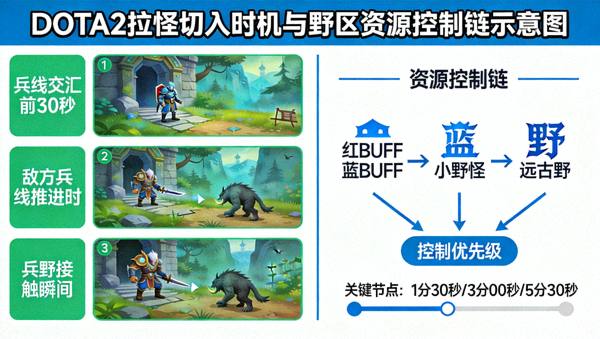 DOTA2拉怪切入时机与野区资源控制链示意图