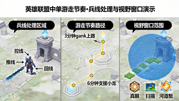 英雄联盟中单游走节奏兵线处理与视野窗口演示画面